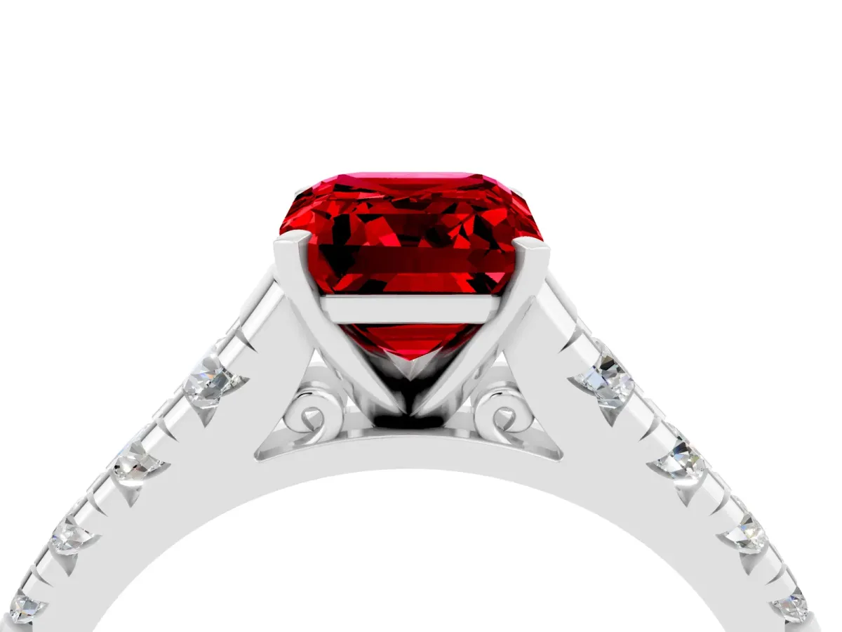 Emerald Cut Ruby Cathedral Solitaire Ring with Round Pavé Band Silver