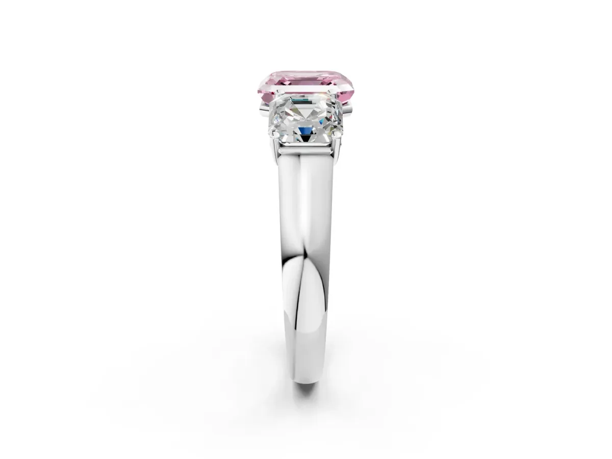 Fancy Pink Asscher Cut Three-Stone Diamond Ring with Prong Setting on a Classic Band Platinum