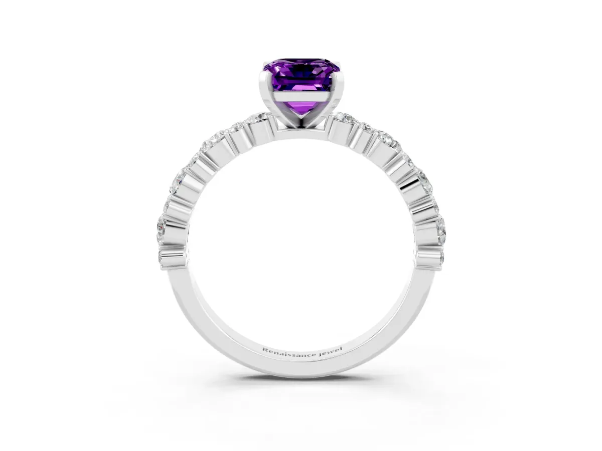 Emerald Cut Amethyst Side Stone Solitaire Ring with Round and Four-Prong Setting White gold