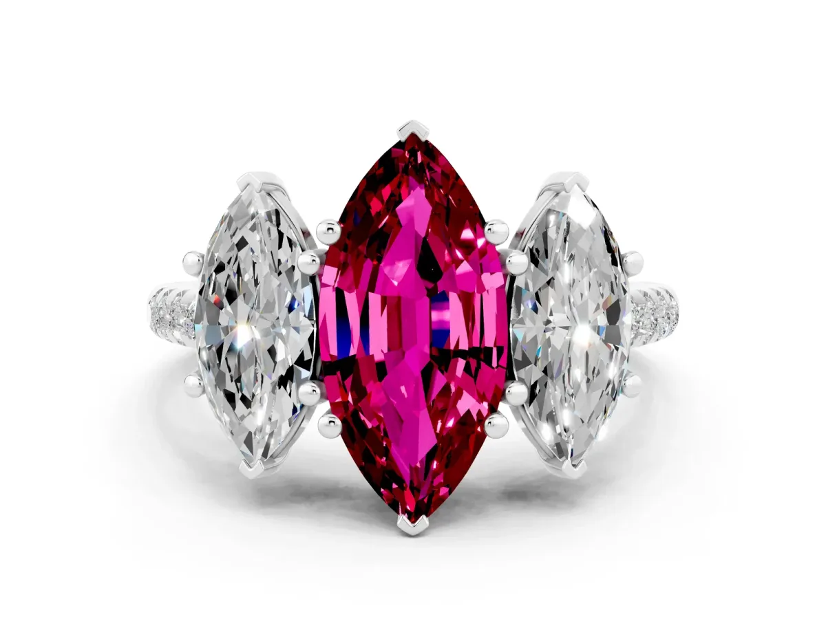 Three-Stone Marquise Cut Garnet Ring with Round Pavé Band and Prong Setting Silver