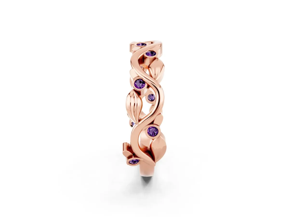 Round Amethyst Leaf Eternity Band with Bezel Setting Rose gold