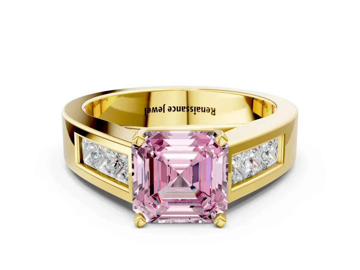 Fancy Pink Asscher Cut Cut Channel Set Solitaire Ring with Four-Prong Setting Yellow gold