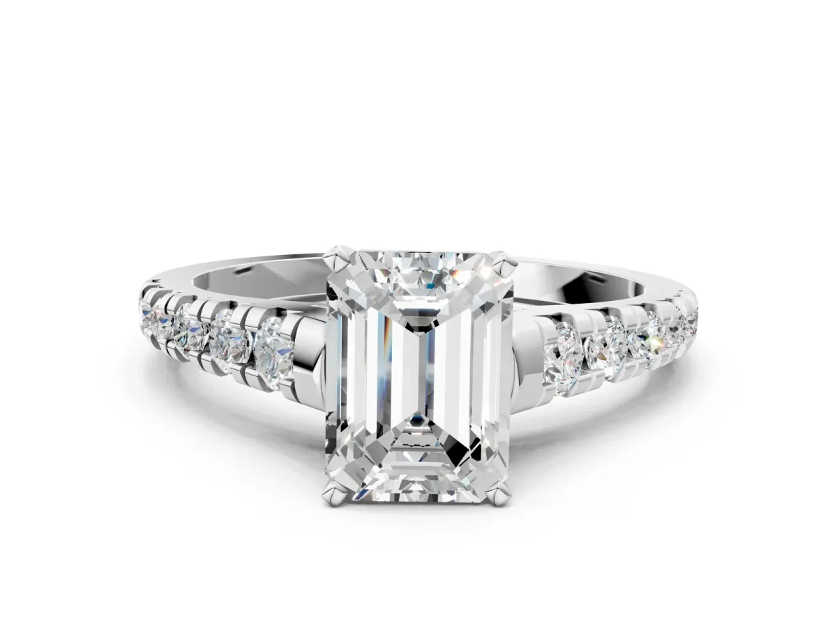 Emerald Cut Diamond Cathedral Solitaire Ring with Round Moissanite Pavé Band Silver
