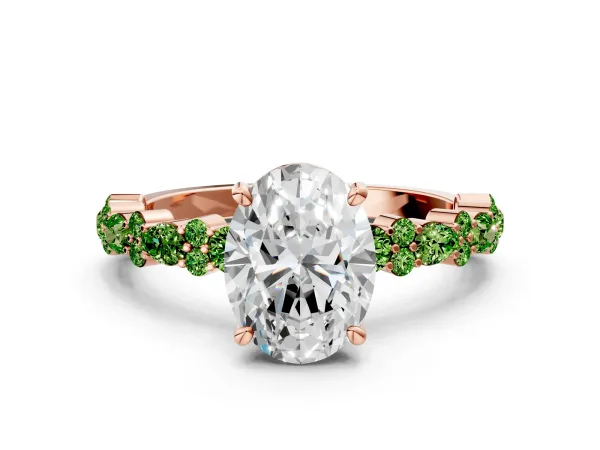 Oval Cut Diamond Side Stone Solitaire Ring with Round Peridot and Four-Prong Setting Rose gold