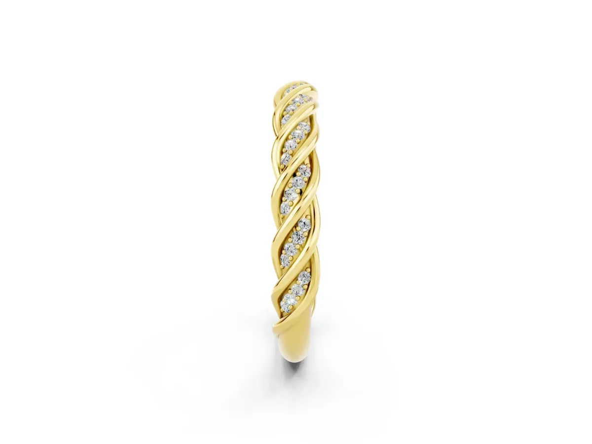 Twisted Pavé Round Moissanite Eternity Band with Shared Prong Setting Yellow gold