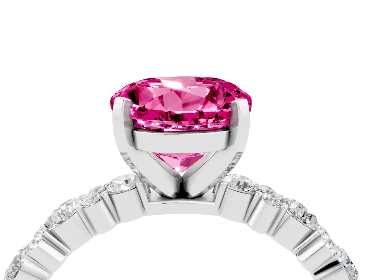 Round Cut Pink Sapphire Side Stone Solitaire Ring with Round and Four-Prong Setting Silver