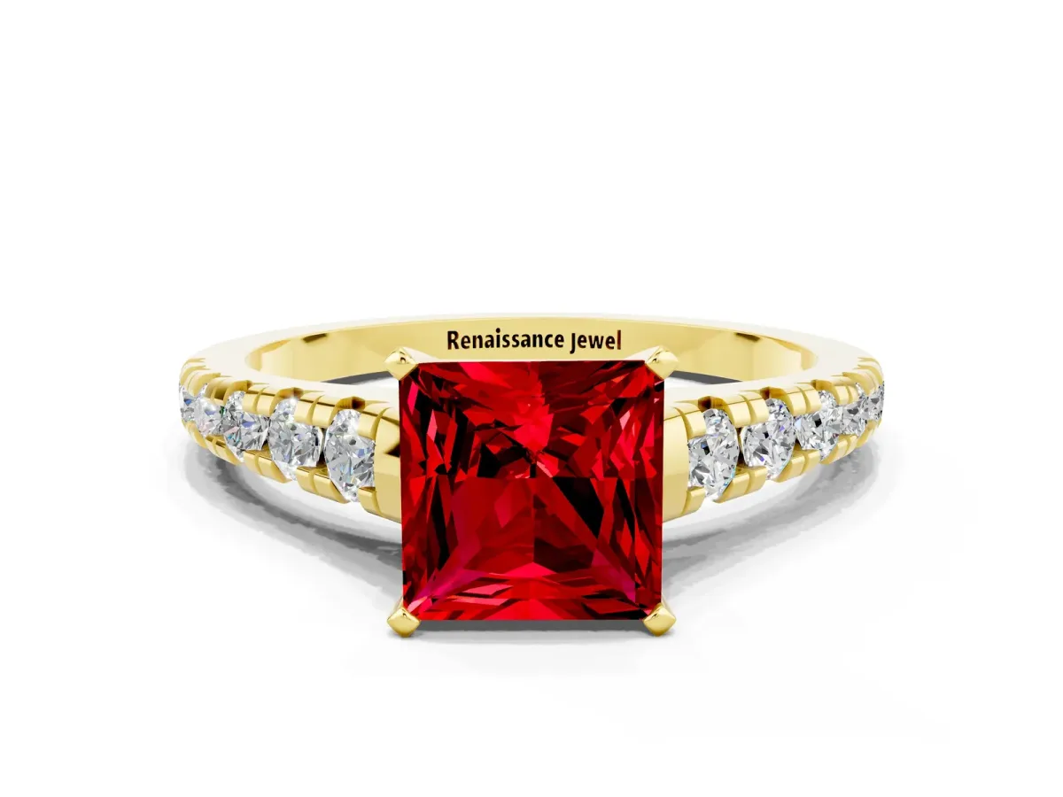 Princess Cut Ruby Cathedral Solitaire Ring with Round Pavé Band Yellow gold