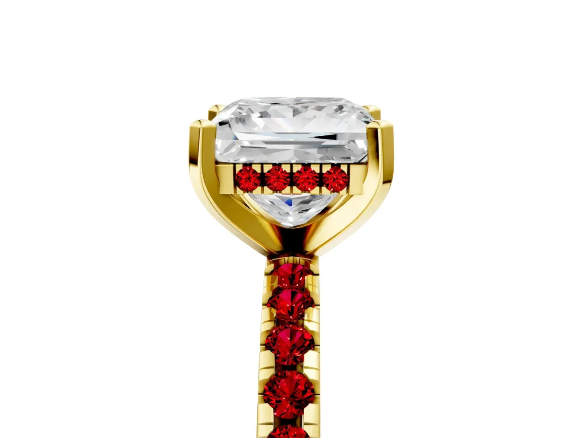 Princess Cut Diamond Solitaire Ring with Round Ruby Pavé Band and Four-Prong Setting Yellow gold