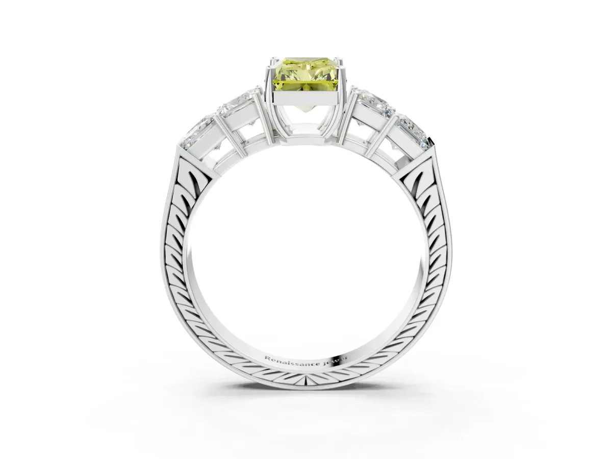 Fancy Yellow Radiant Cut Solitaire Princess Side Stone Engraved Band Prong Setting Ring Silver
