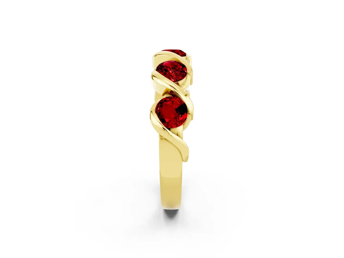 Round Ruby Wave Band with Channel Setting and Shared Prongs Yellow gold