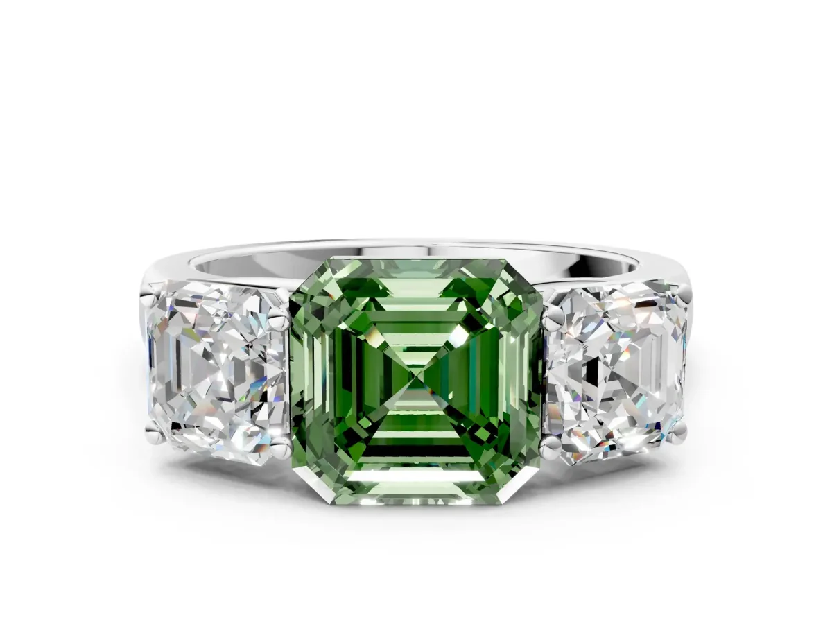Fancy Green Asscher Cut Three-Stone Diamond Ring with Prong Setting on a Classic Band Platinum