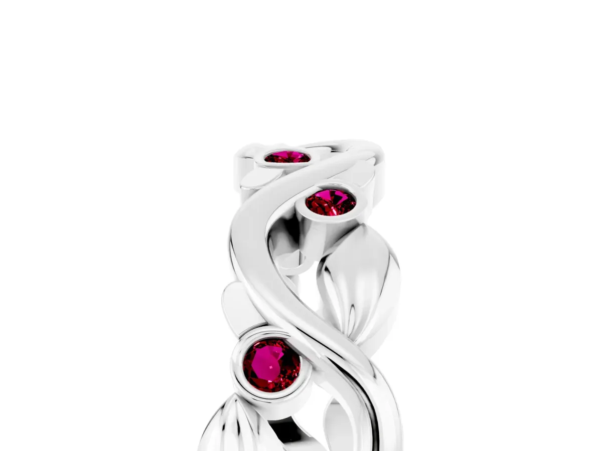 Round Garnet Leaf Eternity Band with Bezel Setting White gold