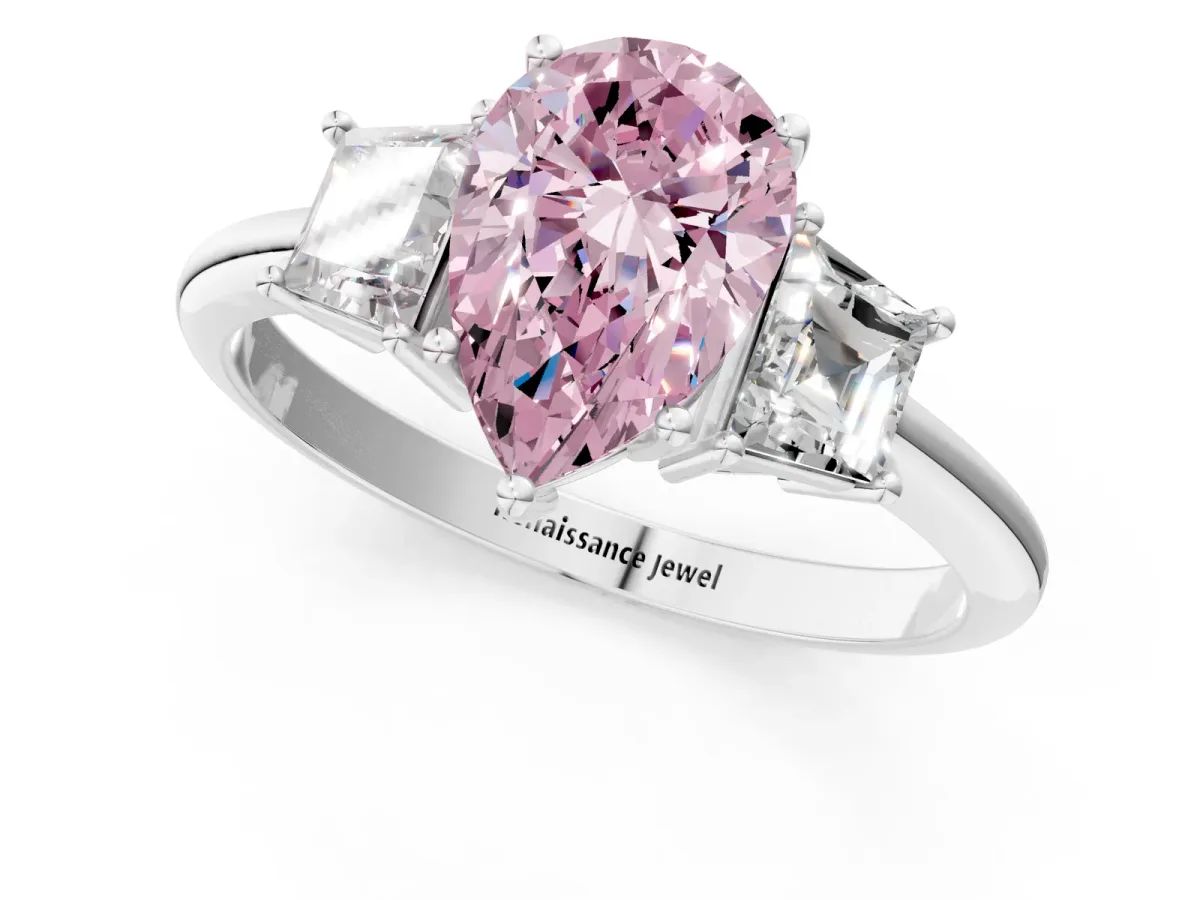 Fancy Pink Pear Cut Diamond Three-Stone Ring with Trapezoid Side Stones and Prong Setting Silver