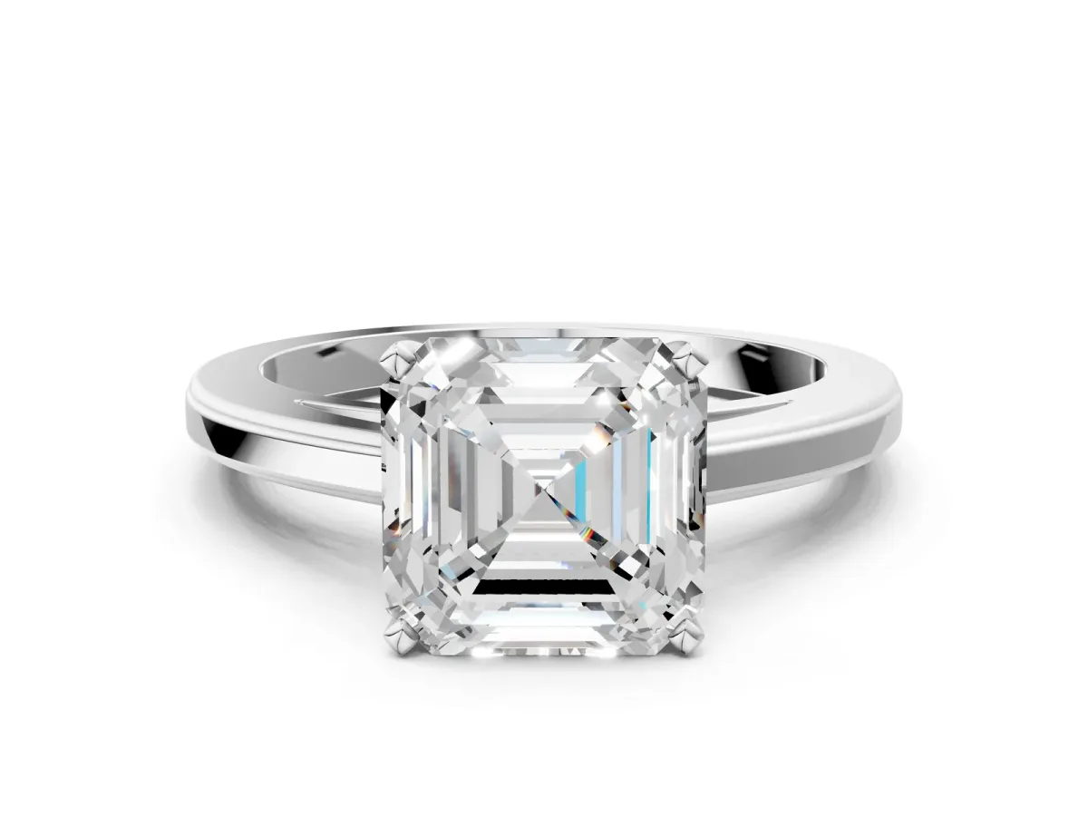 Asscher Cut Solitaire Diamond Ring with Four-Prong Setting and Classic Band Platinum