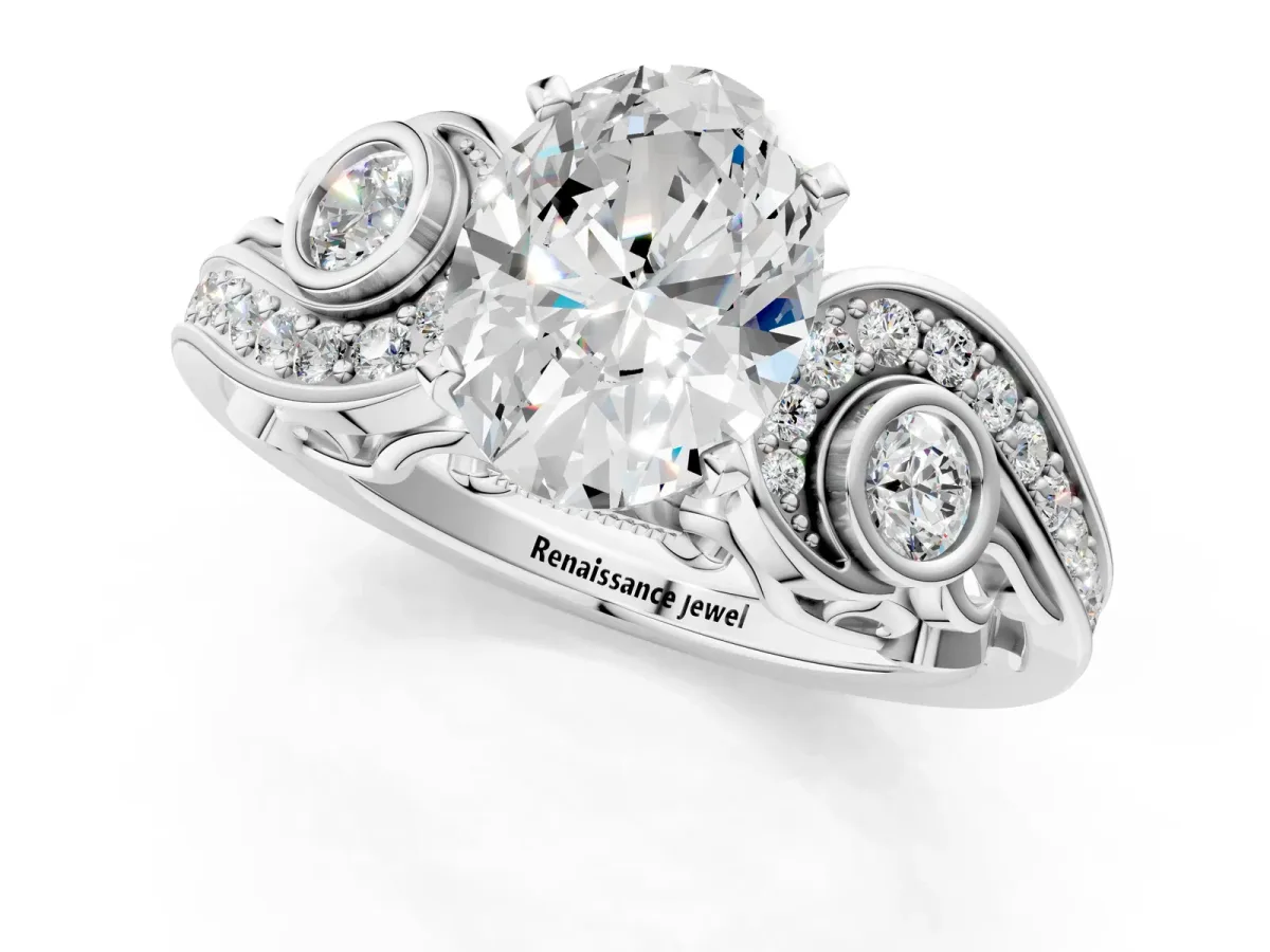 Oval Cut Diamond Solitaire Ring with Milgrain Pavé Band and Four-Prong Setting Silver