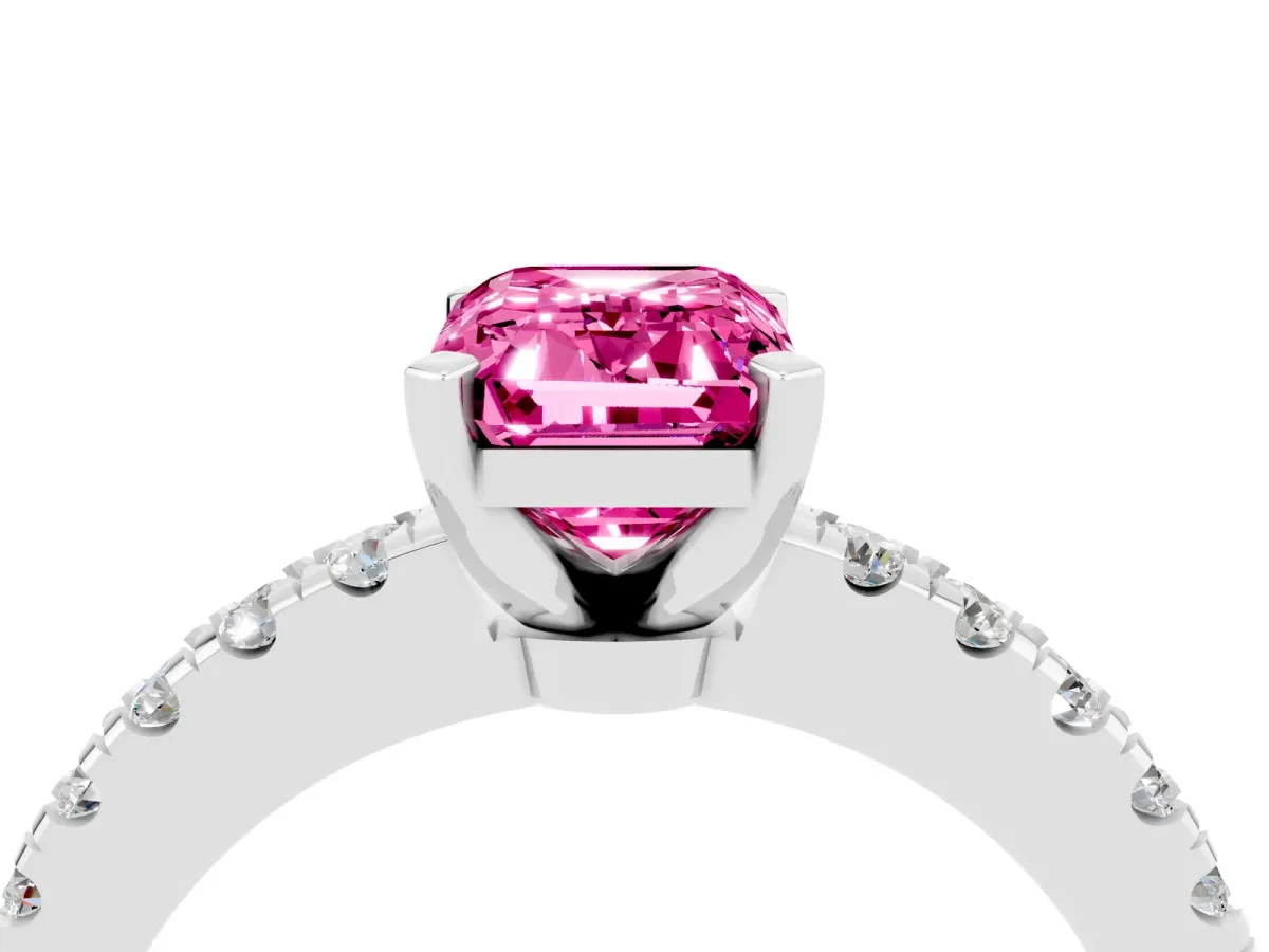 Emerald Cut Solitaire Pink Sapphire with Pavé Band and Four-Prong Setting Silver