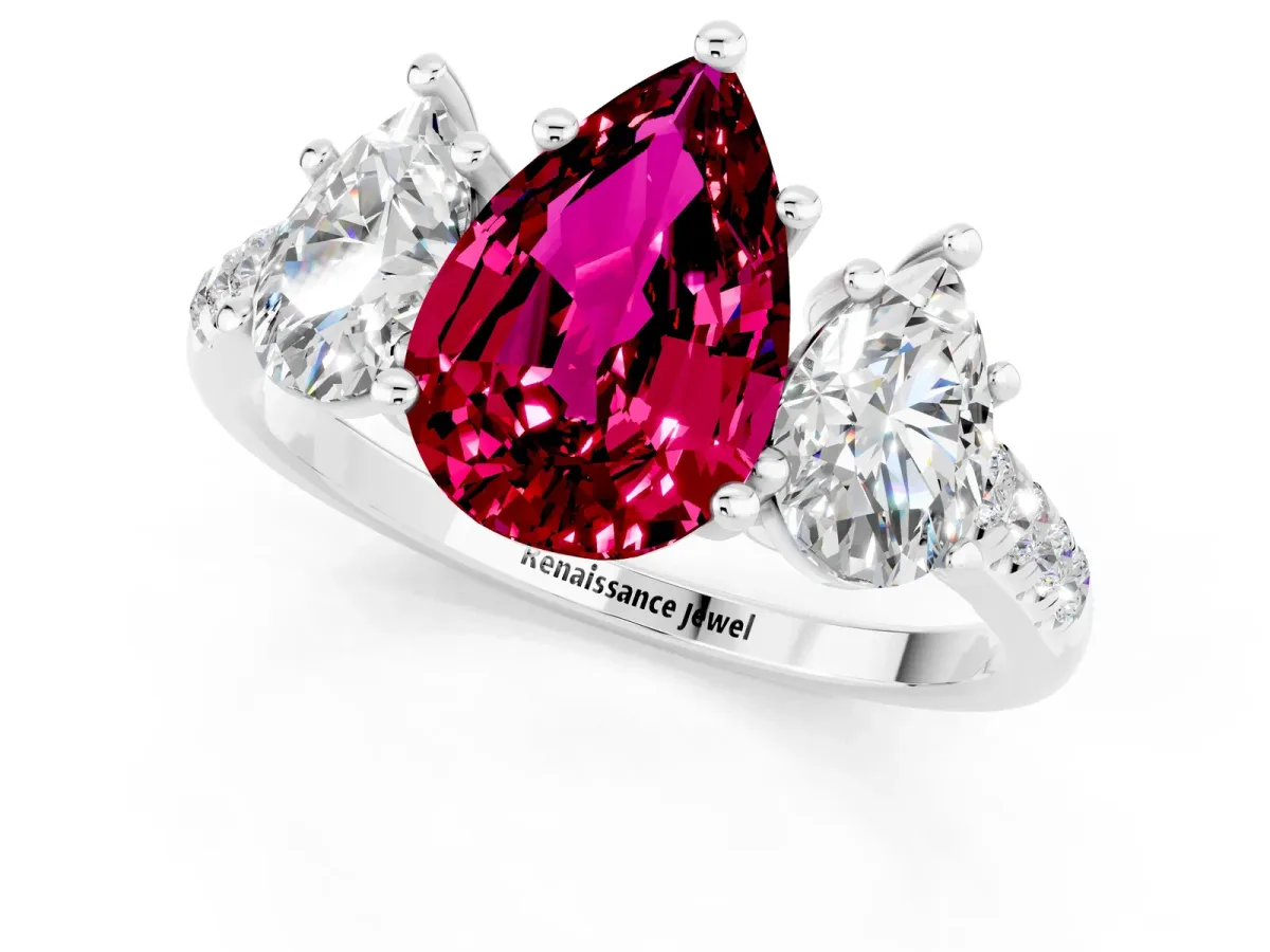 Three-Stone Pear Cut Garnet Ring with Round Pavé Band and Prong Setting Platinum
