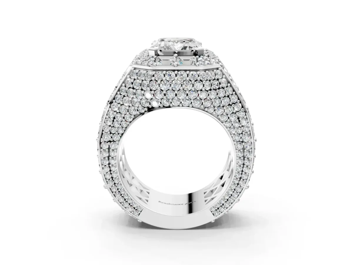 Emerald Cut Diamond Pavé Statement Mens Ring with Baguette Accents Silver