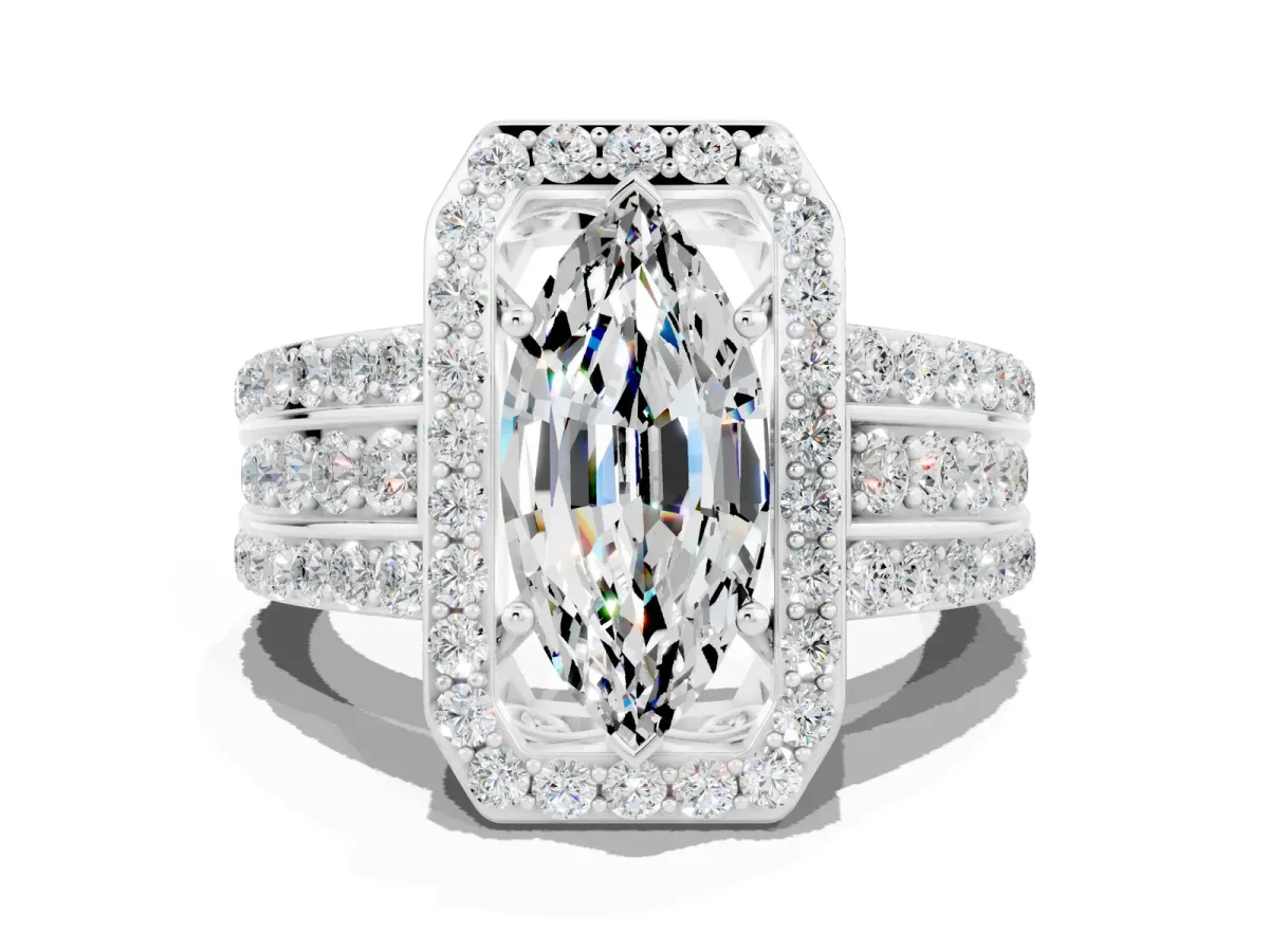 Marquise Cut Halo Moissanite Ring with Round Split Shank and Prong Setting Silver