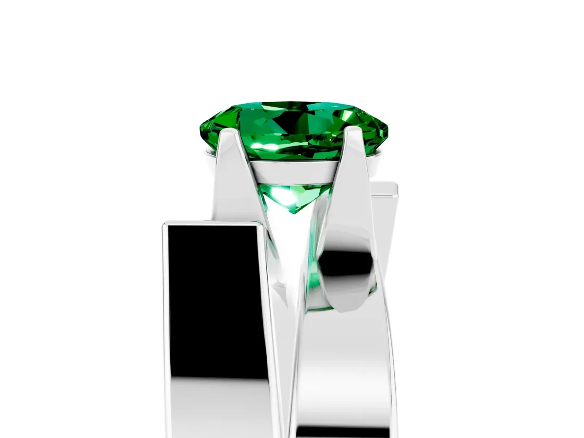 Modern Tension Set Round Cut Emerald Solitaire Wide Band Ring Silver