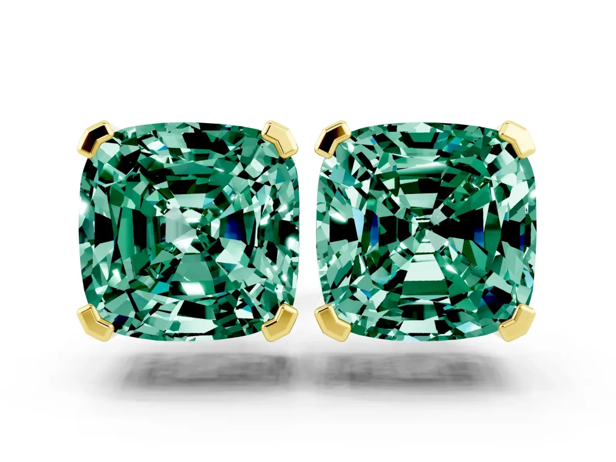 Cushion Cut Green Sapphire Stud Earrings Yellow gold