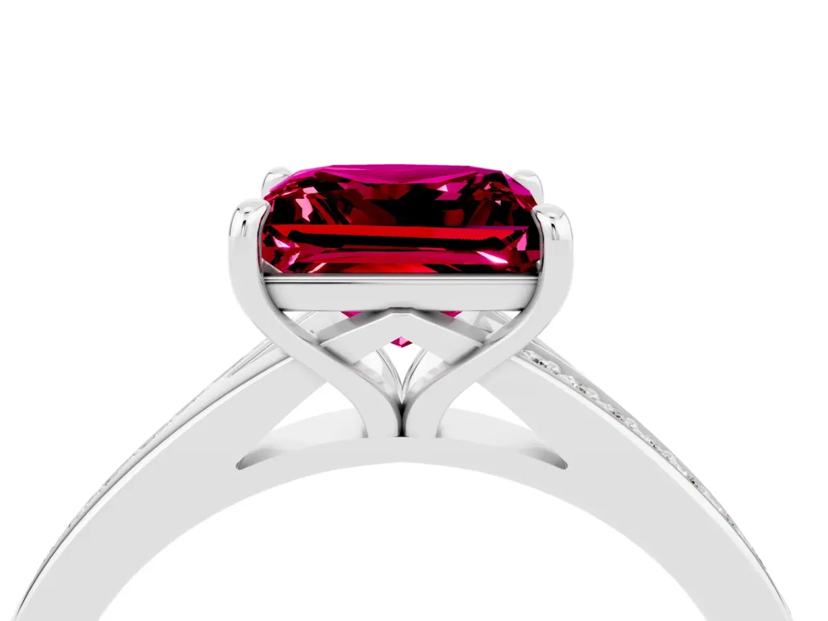 Princess Cut Garnet Solitaire Ring with Pavé Band and Prong Setting Silver
