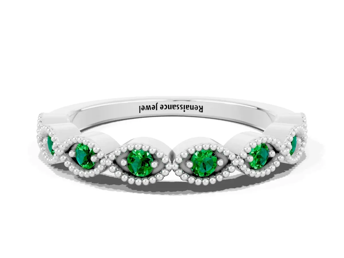 Milgrain Marquise Emerald Half Eternity Band with Bezel Setting White gold