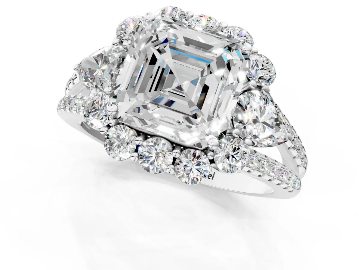 Asscher Cut Halo Split Shank Diamond Engagement Ring with Prong Setting Platinum