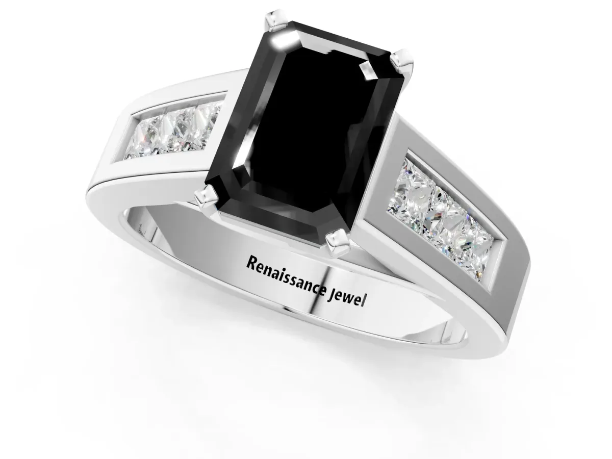 Fancy Black Emerald Cut Cut Channel Set Solitaire Ring with Four-Prong Setting Platinum
