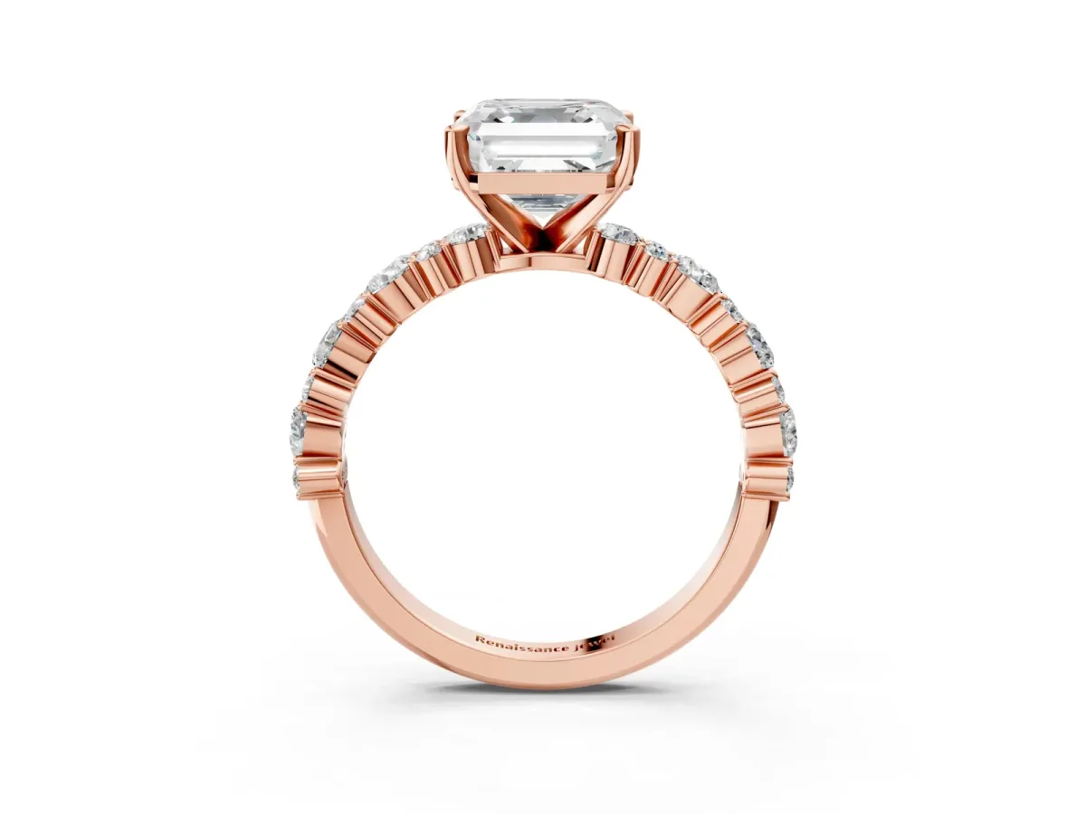 Asscher Cut Diamond Side Stone Solitaire Ring with Round and Four-Prong Setting Rose gold