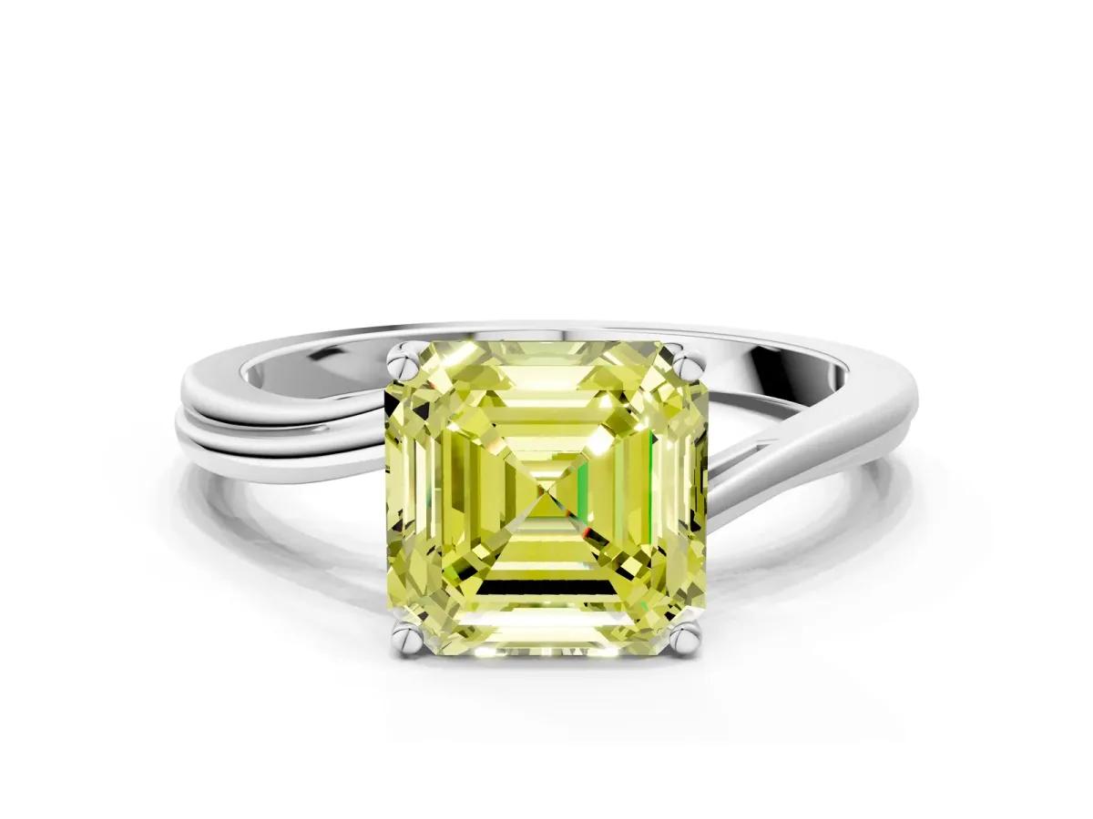 Fancy Yellow Asscher Cut Cut Solitaire Twist Band Ring with Four-Prong Setting Platinum