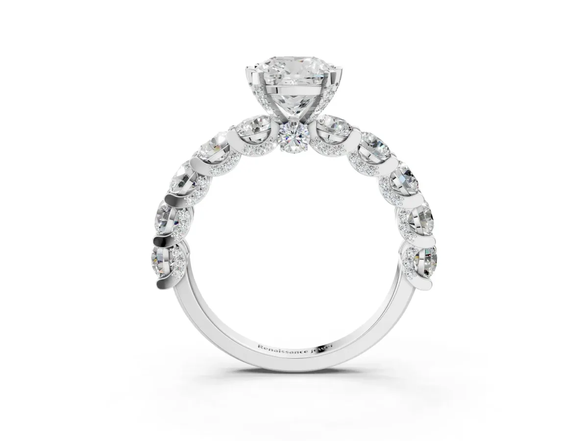 Cushion Cut Diamond Side Stone Engagement Ring with Four-Prong Setting White gold