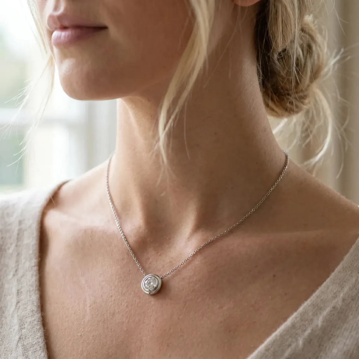 Bezel Round Diamond Pendant White gold