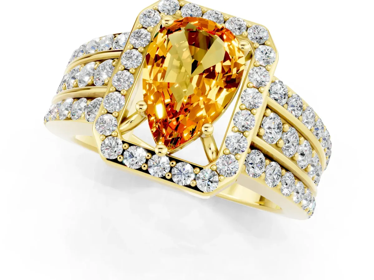 Pear Cut Halo Citrine Ring with Round Split Shank and Prong Setting Yellow gold