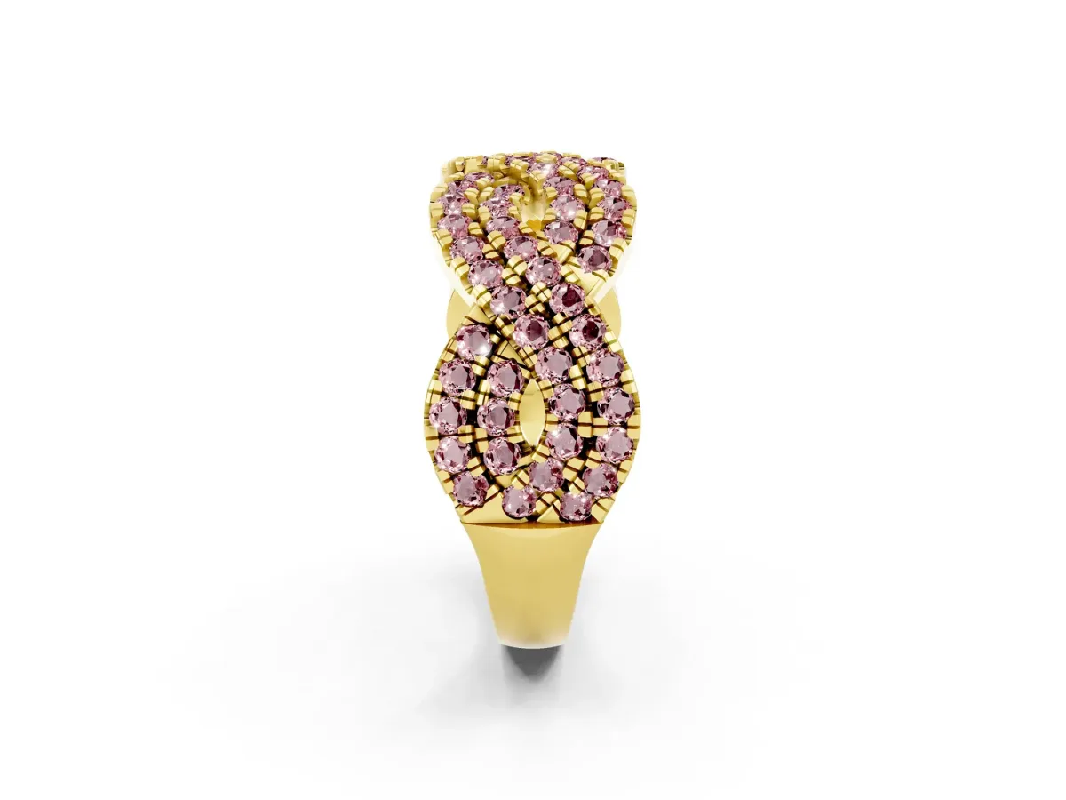 Pavé Round Morganite Infinity Twist Band with Shared Prong Setting Yellow gold