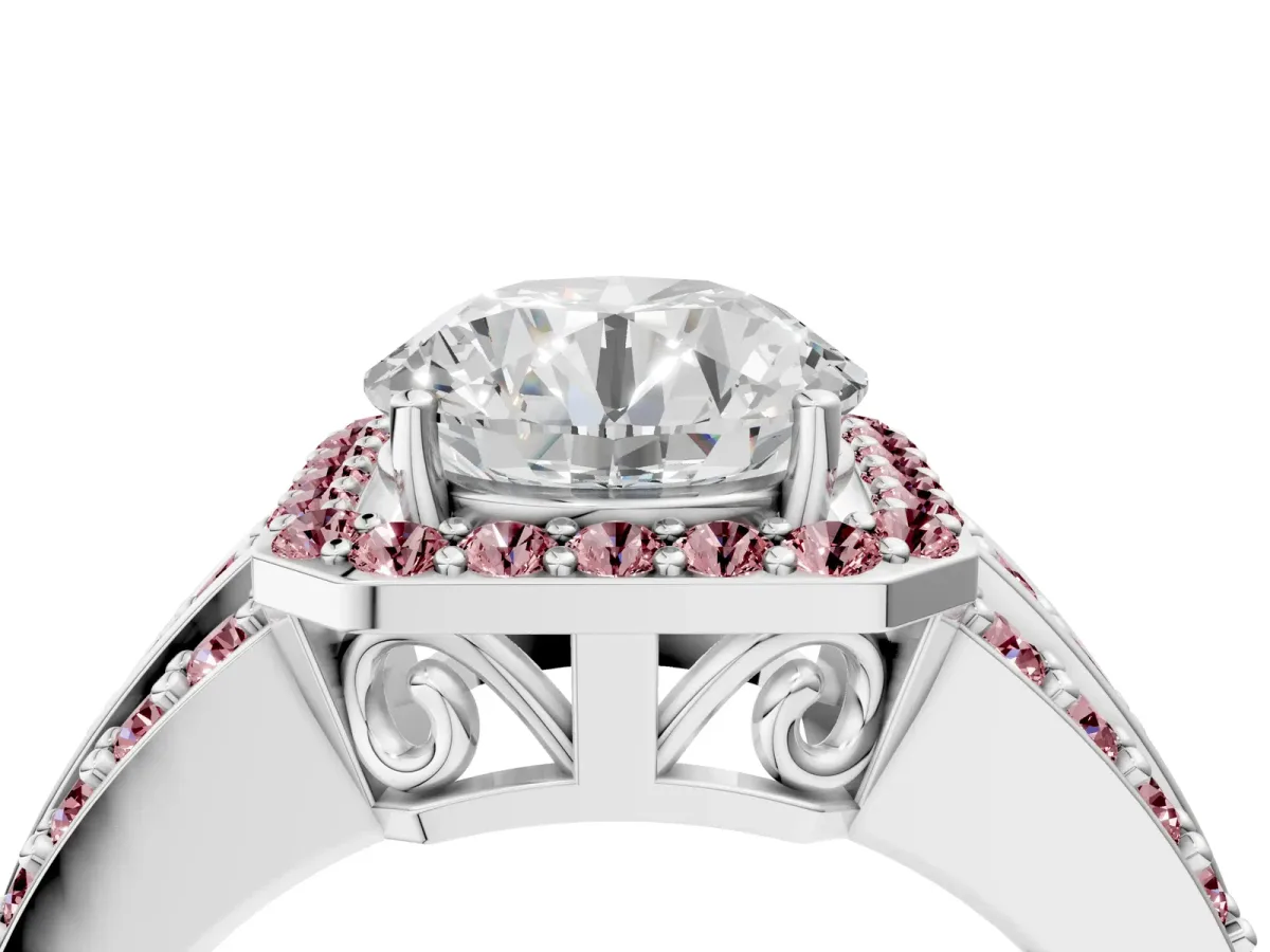 Round Cut Halo Diamond Ring with Round Morganite Split Shank and Prong Setting Silver