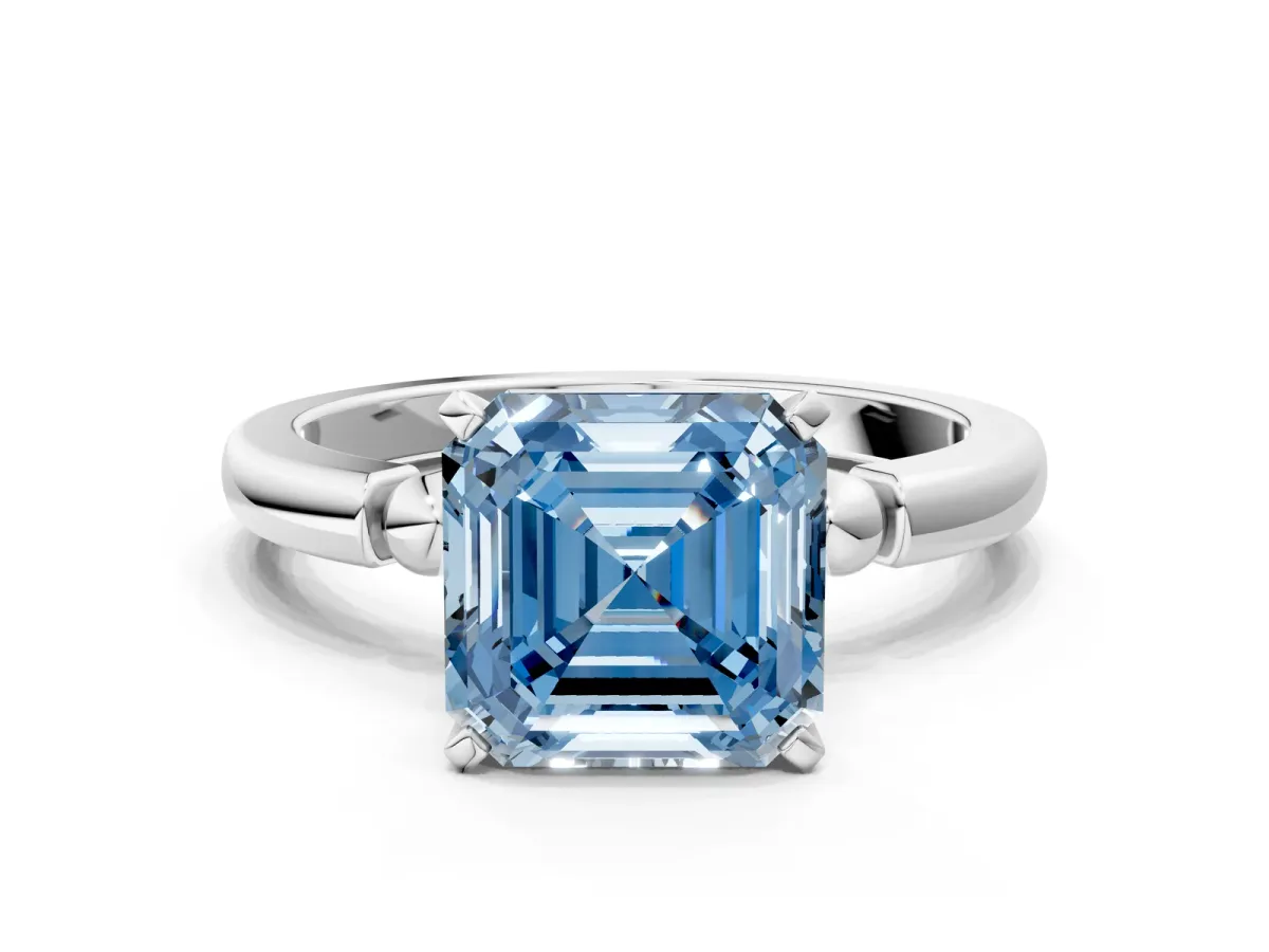 Fancy Blue Asscher Cut Solitaire Beaded Band with Four-Prong Setting Platinum