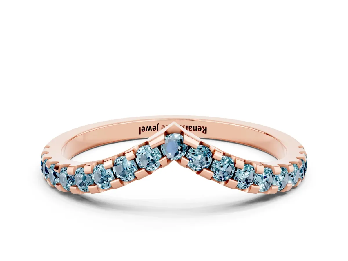 Pavé Round Aquamarine Chevron Band with Shared Prong Setting Rose gold