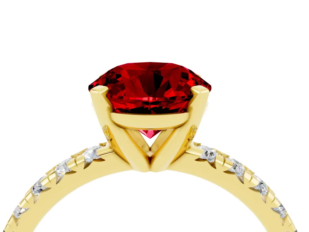 Round Cut Ruby Solitaire Pavé Engagement Ring with Round Band and Prong Setting Yellow gold