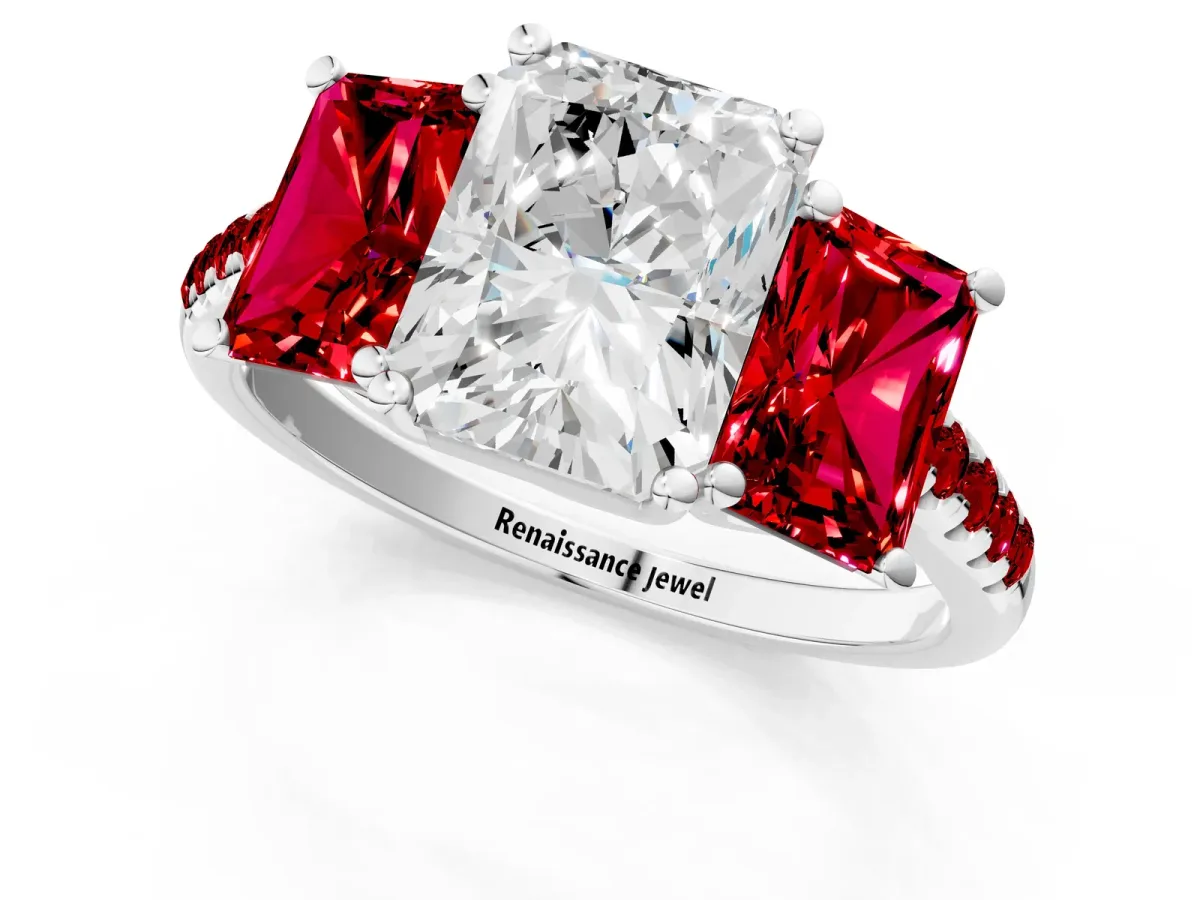Three-Stone Radiant Cut Diamond Ring with Round Ruby Pavé Band and Prong Setting Silver