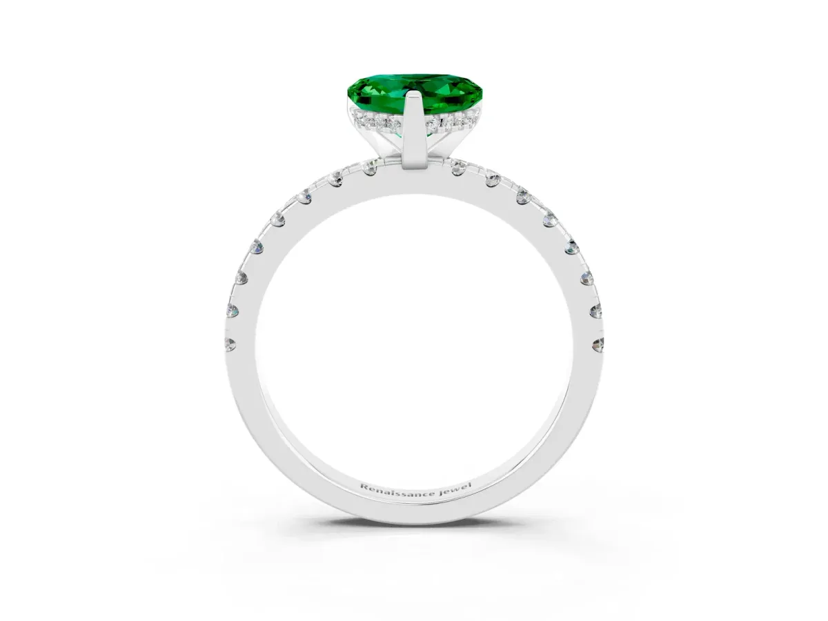 Heart Cut Emerald Solitaire Ring with Round Pavé Band and Four-Prong Setting Silver