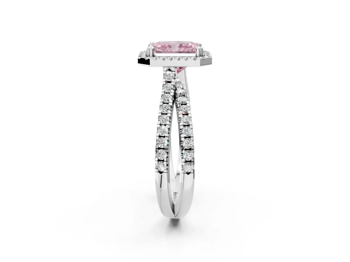 Fancy Pink Radiant Cut Halo Split Shank Diamond Ring with Pavé Setting Platinum