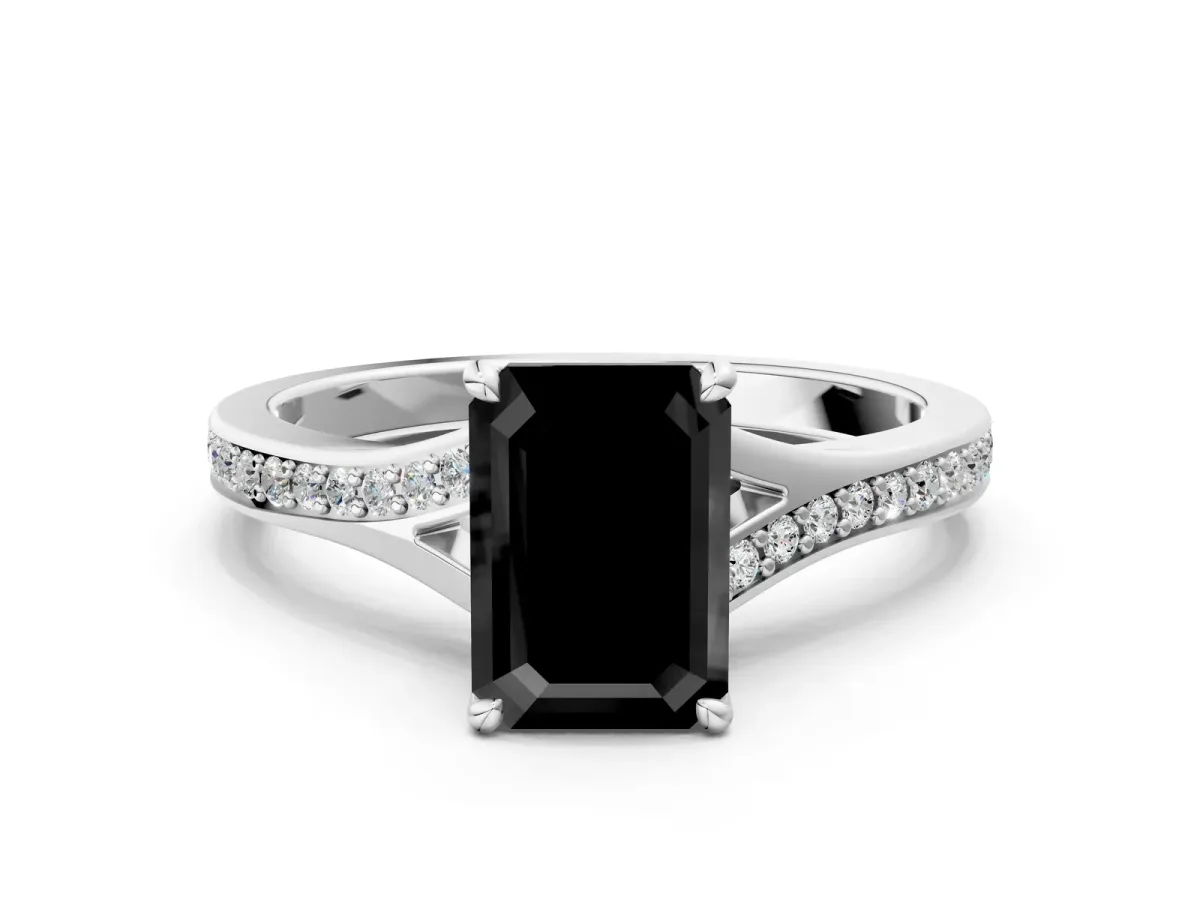 Fancy Black Emerald Cut Diamond Solitaire Ring with Pavé Band and Prong Setting Silver