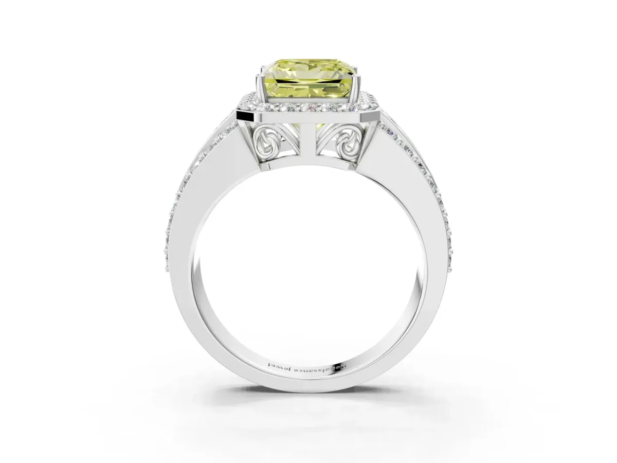 Fancy Yellow Princess Cut Halo Diamond Ring with Round Split Shank and Prong Setting Silver