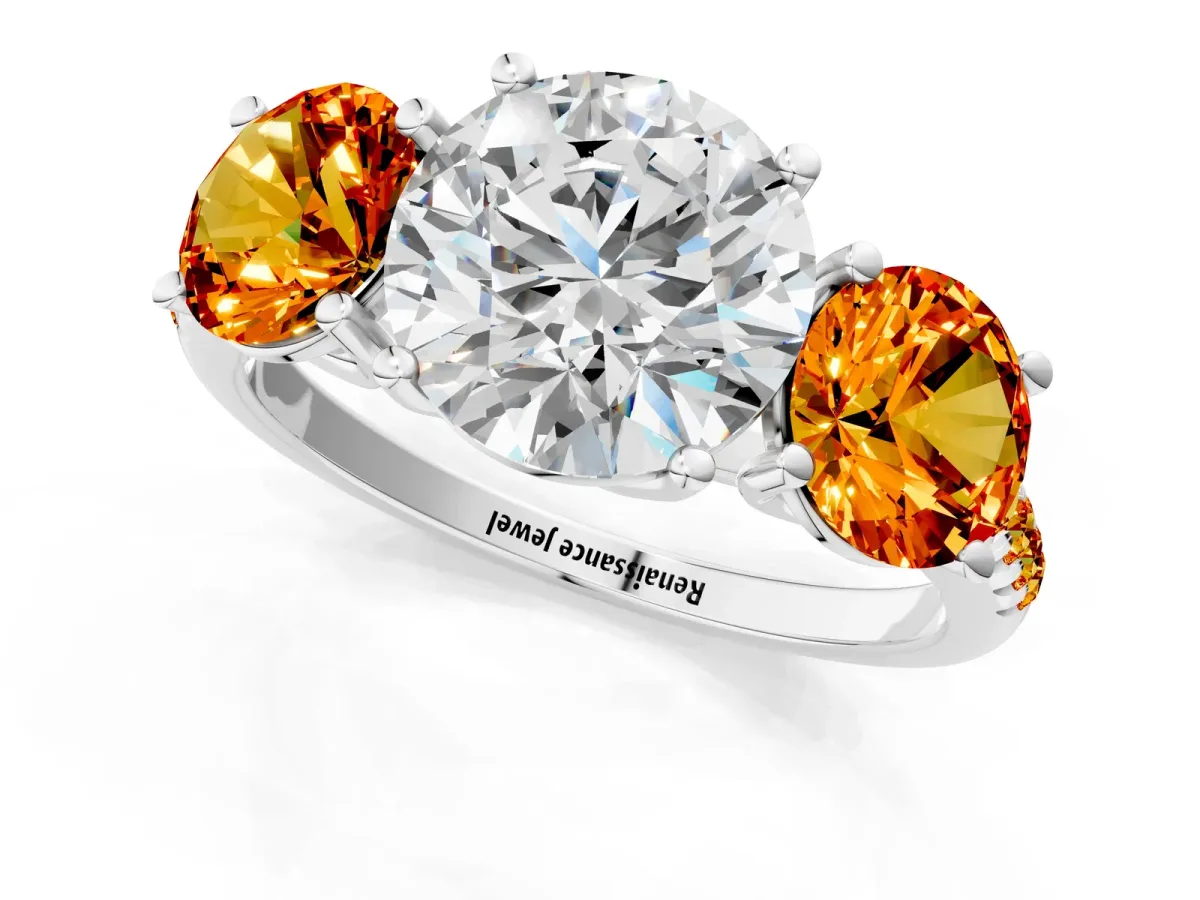 Three-Stone Round Cut Diamond Ring with Round Citrine Pavé Band and Prong Setting Silver