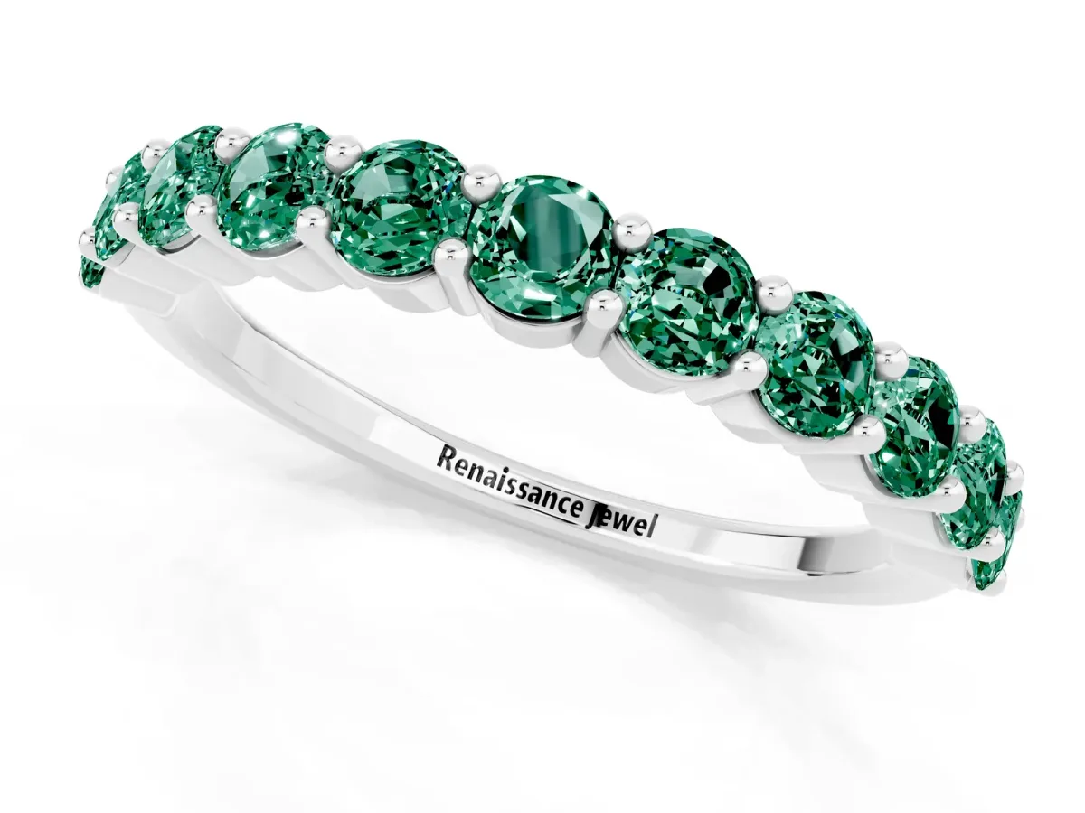 Round Green Sapphire Half Eternity Band with Prong Setting White gold