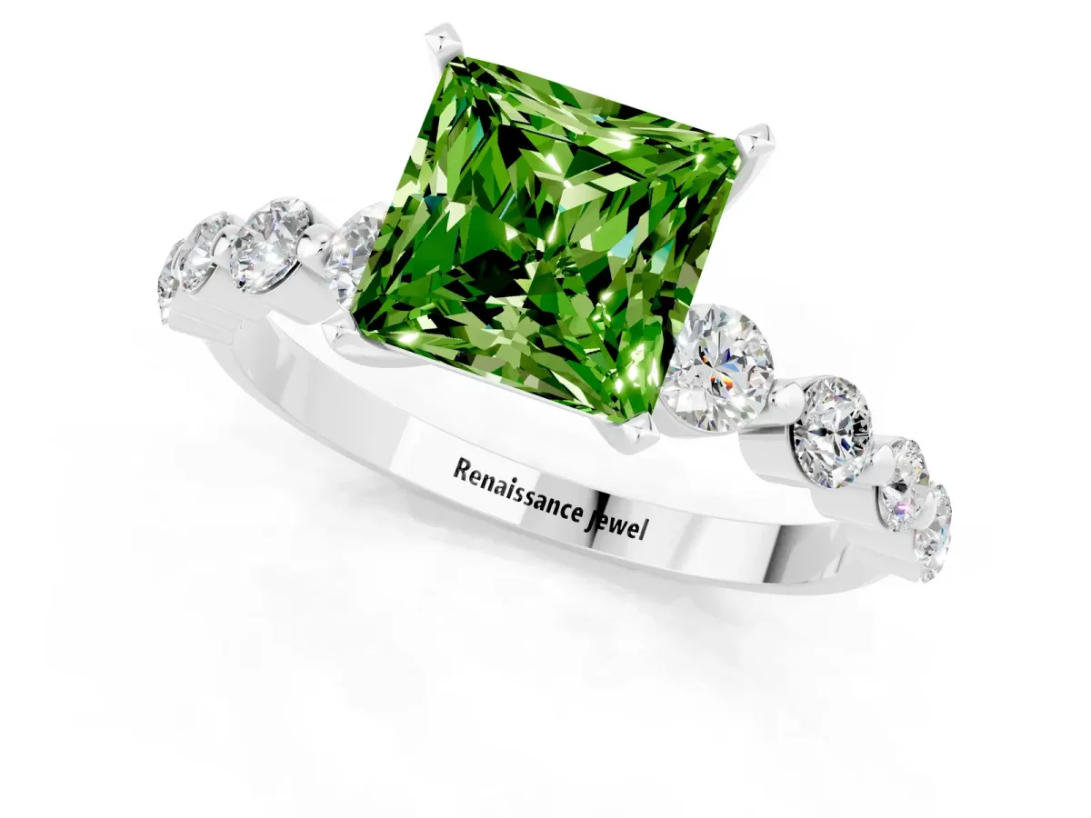 Princess Cut Solitaire Peridot Ring with Pave Band and Four-Prong Setting Platinum