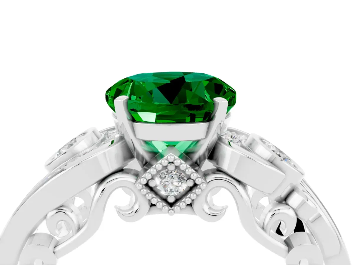 Round Cut Emerald Solitaire Ring with Milgrain Pavé Band and Four-Prong Setting Silver