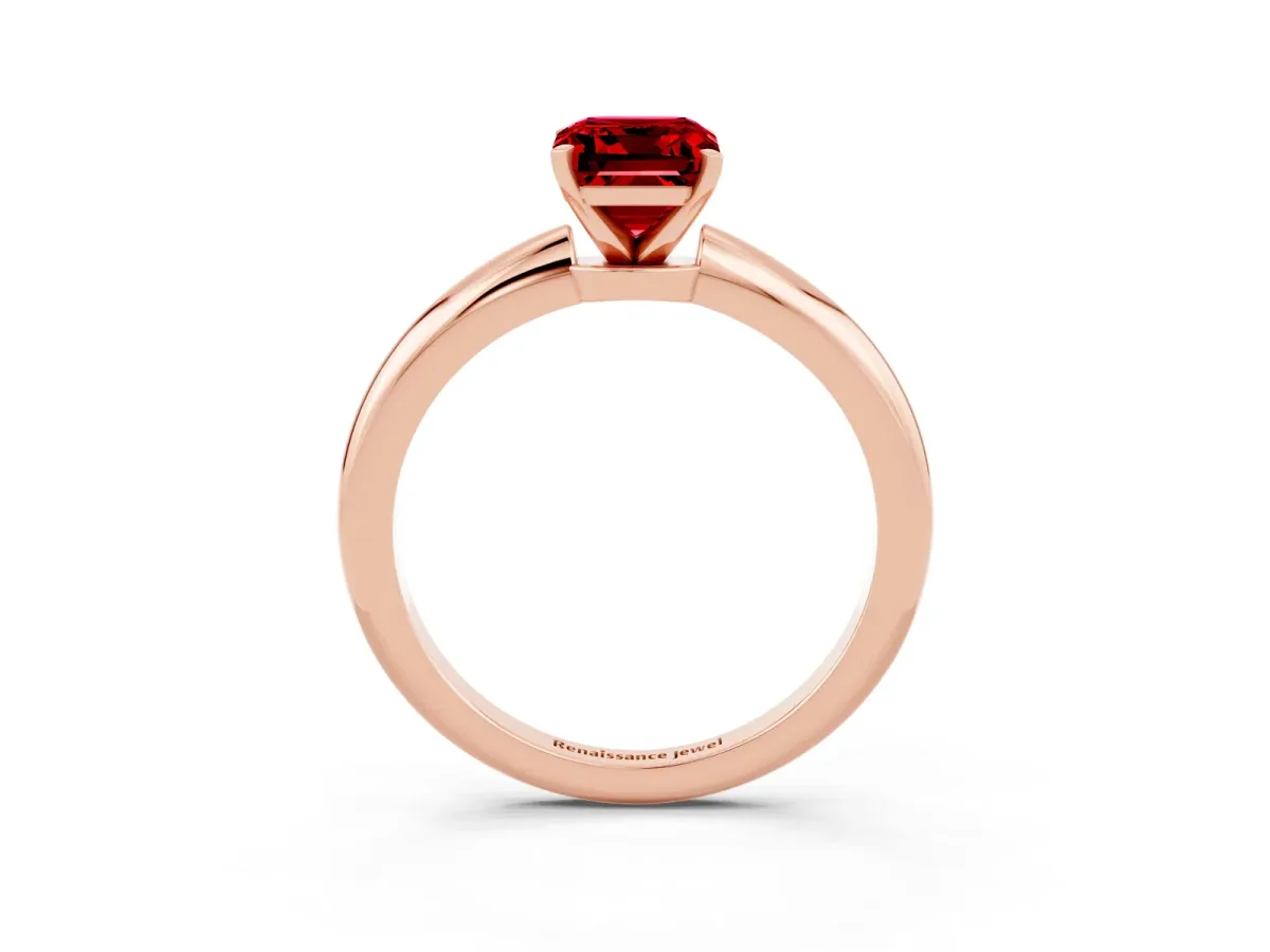Emerald Cut Ruby Solitaire Ring with Six-Prong Setting and Classic Band Rose gold