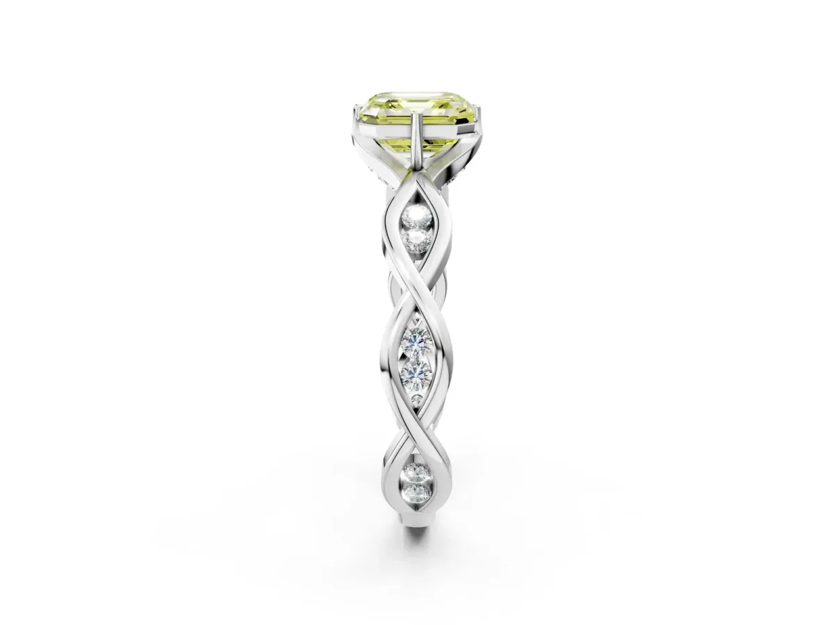 Fancy Yellow Asscher Cut Solitaire Twist Band with Leaf Prong Setting Platinum